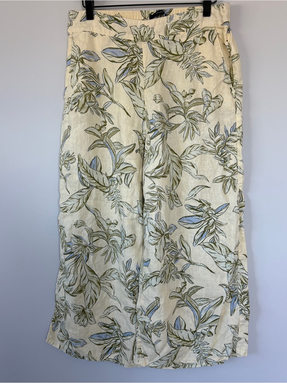 100% LINEN Summer Botanical Wide Leg Pants Womens L Coastal Cottagecore